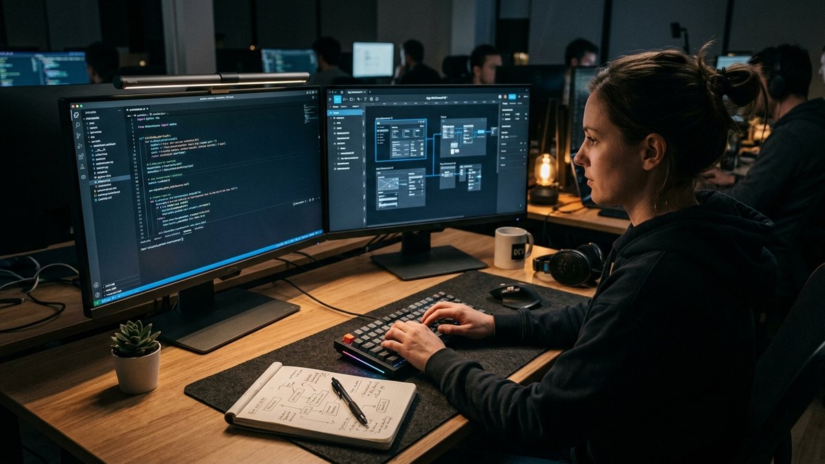 Software developer exploring code architectures and digital prototypes at a modern multi-screen workstation
