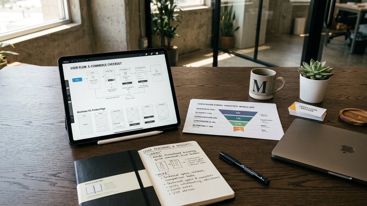 Digital strategy workspace with interactive tablet wireframes, conversion funnel plans, and user journey roadmaps