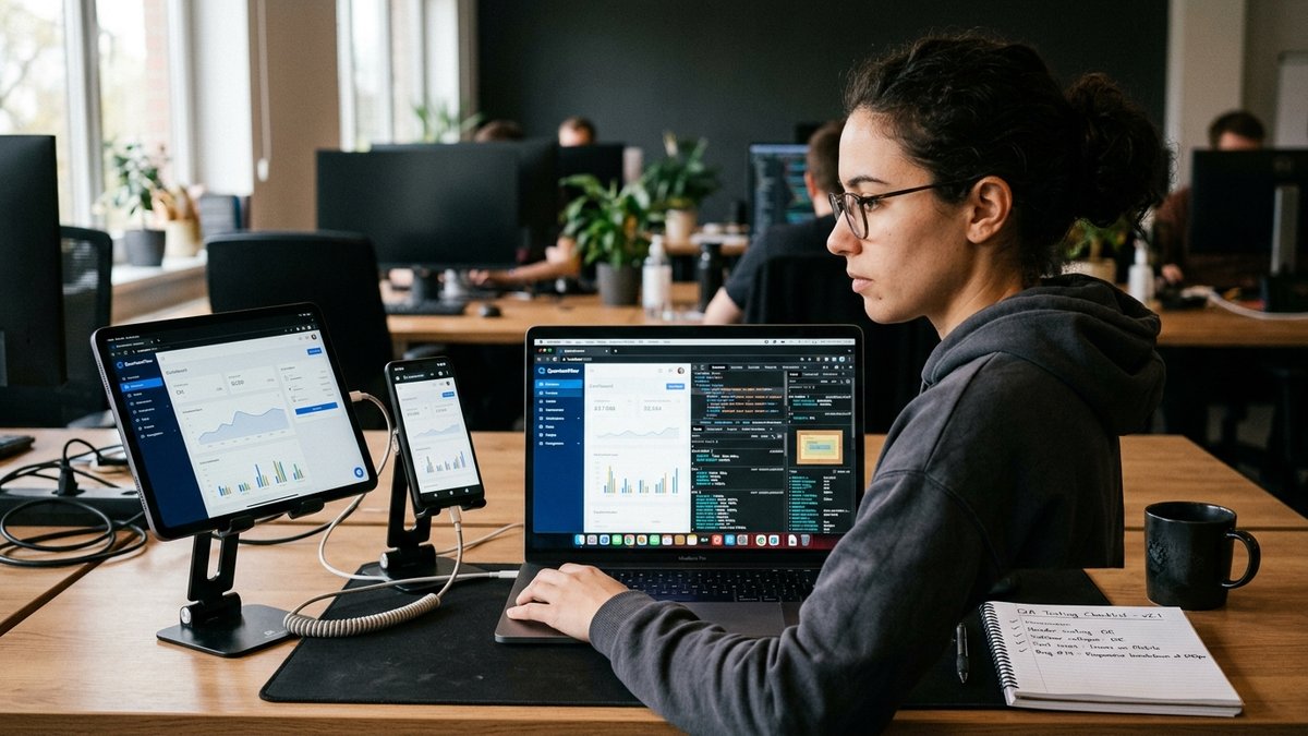 Software engineer testing and debugging responsive web application across laptop, tablet, and mobile devices