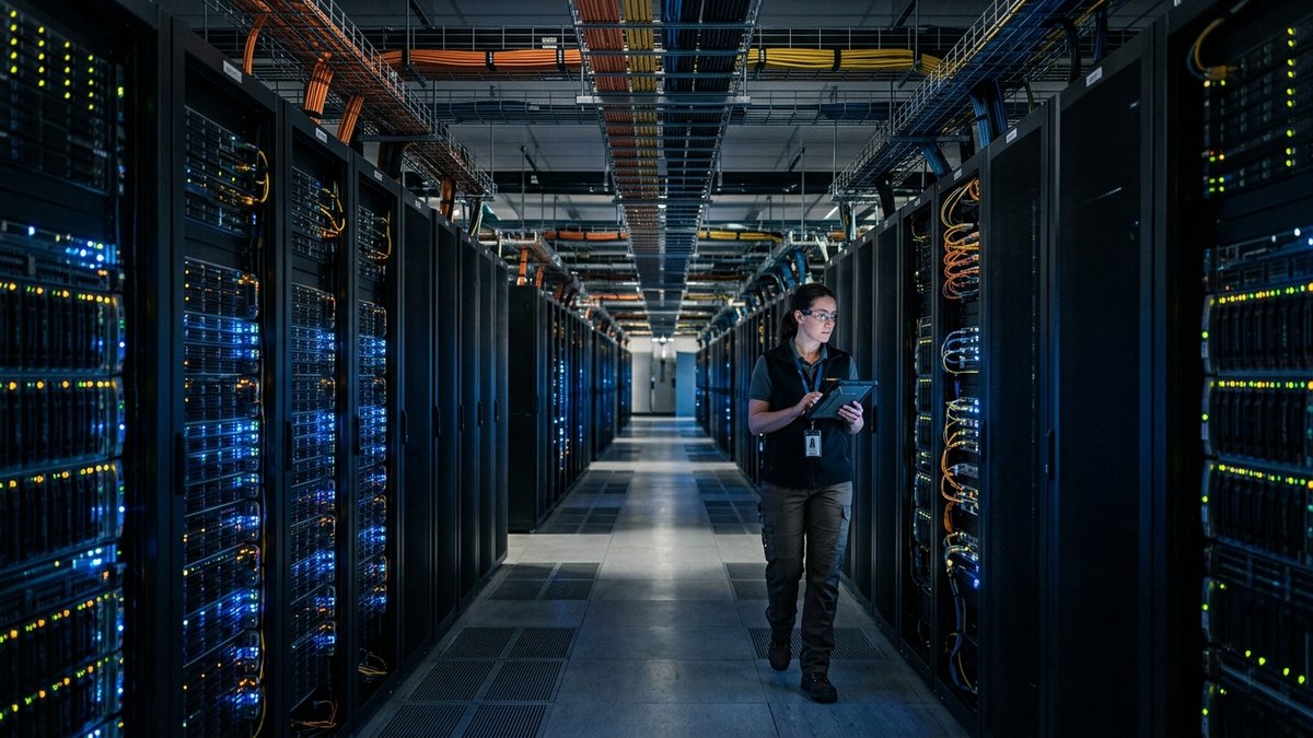 Modern enterprise cloud data center with server racks, fiber optic networking, and scalable digital infrastructure