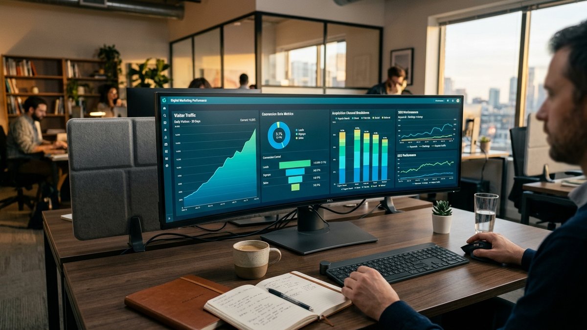 Digital marketing performance workstation displaying visitor traffic, conversion funnel metrics, and SEO analytics