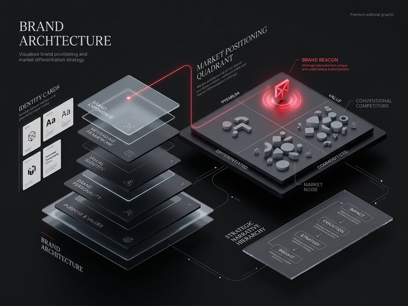 Brand positioning quadrant, differentiation layers, and market architecture visual