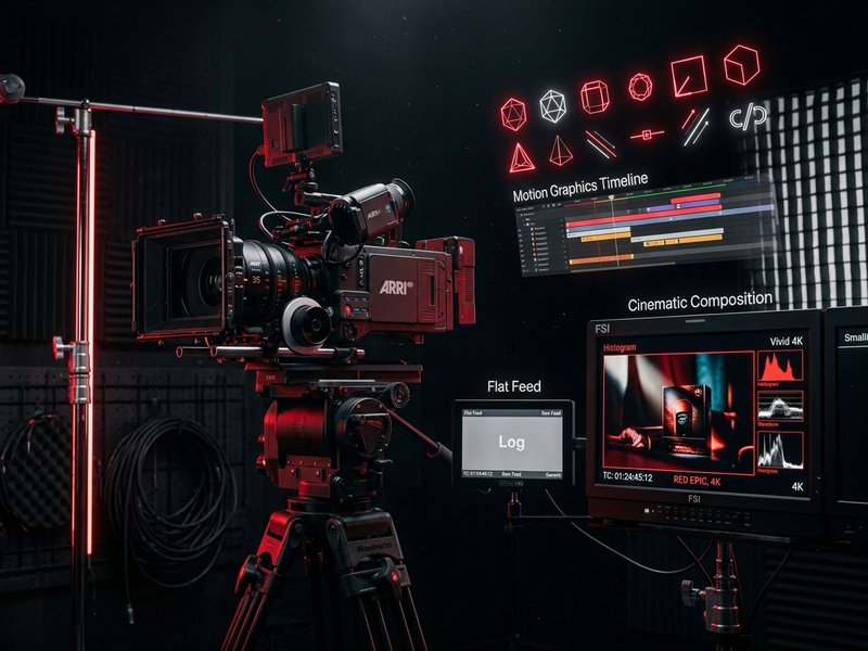 Cinematic camera apparatus, studio lighting, and motion graphics production visual