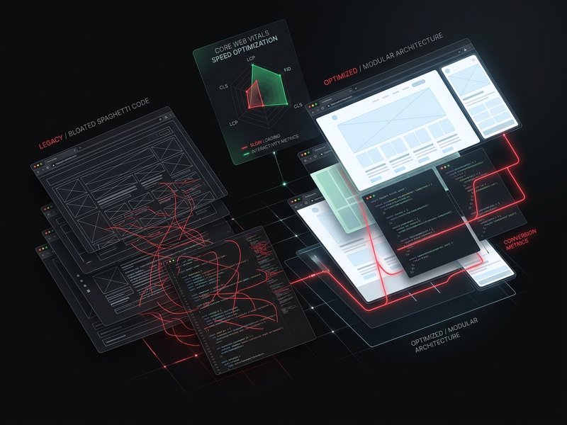 High-performance website architecture, modular code components, and Core Web Vitals speed optimization visual