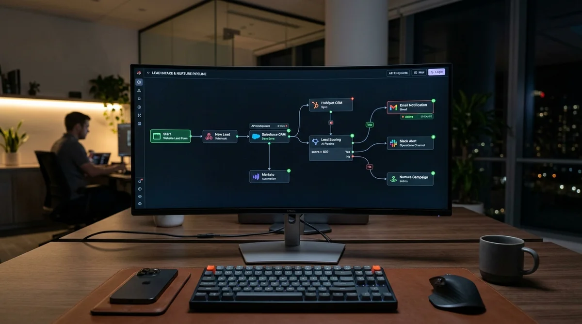 Business process automation architecture showing connected API integration nodes and CRM workflows