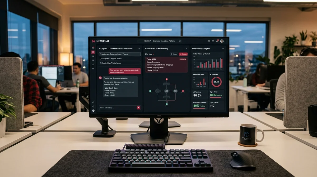 Enterprise AI assistant workspace showing automated workflow triggers, CRM synchronization, and task routing
