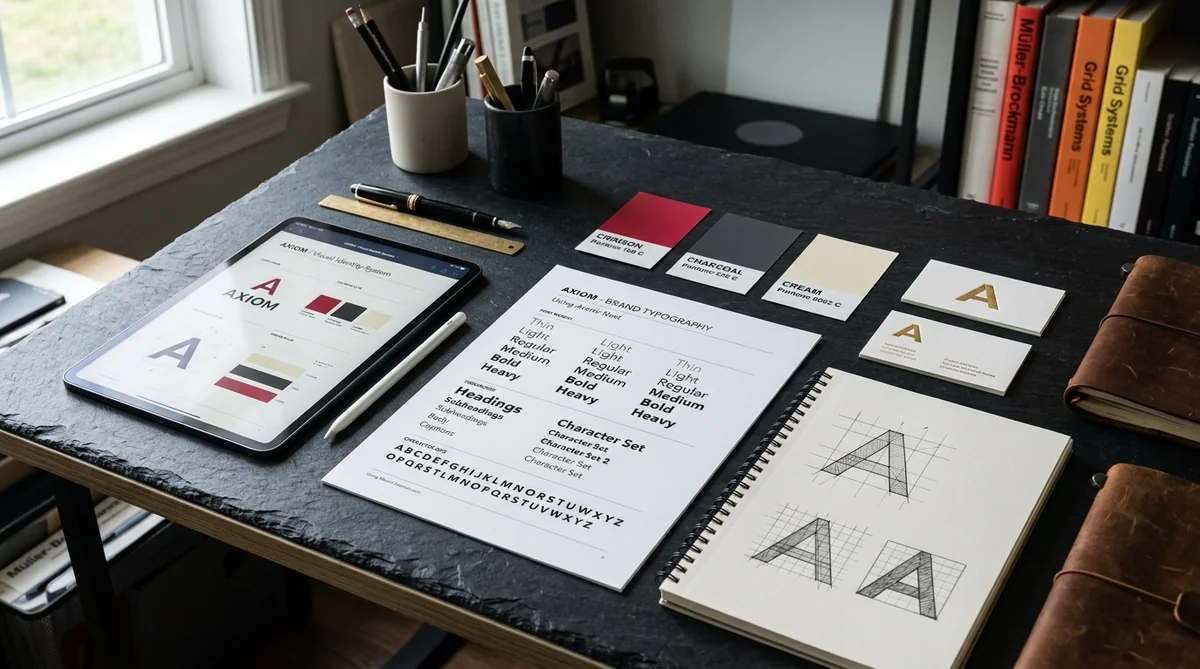 Brand identity system showcasing typography hierarchy, logo construction grid, and color palette