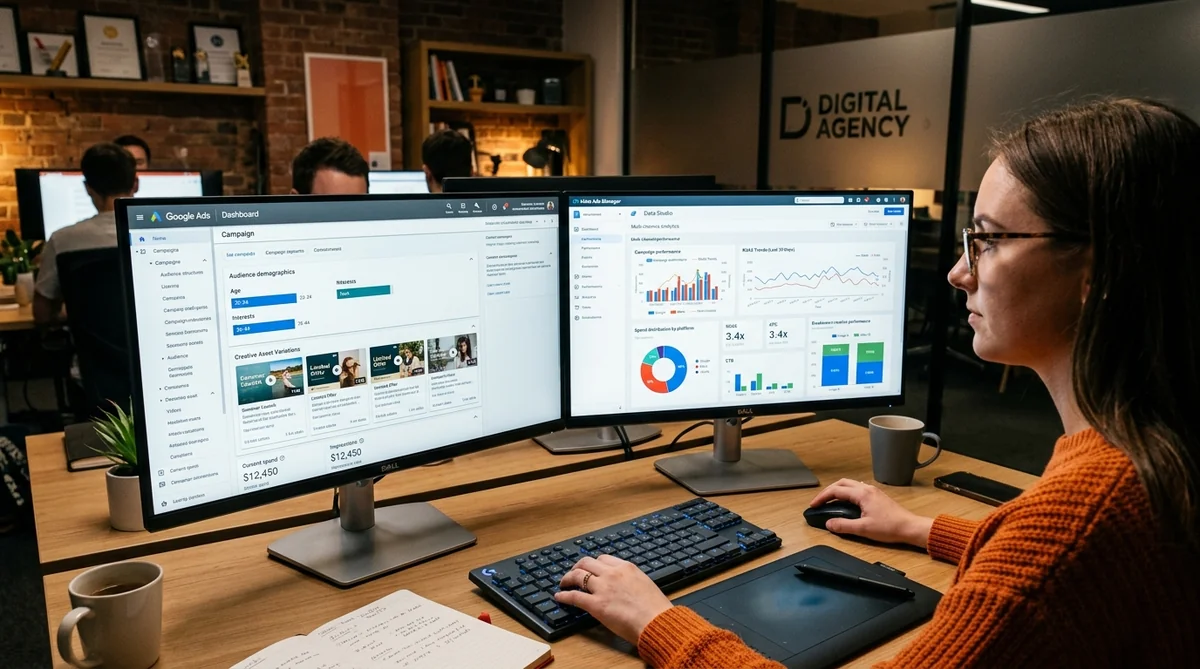 Multi-channel paid advertising campaign management and performance scaling workspace