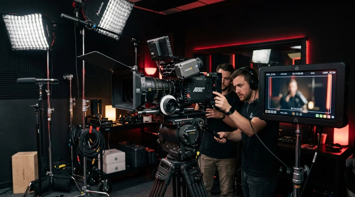 Professional cinematography studio set with cinema camera rig, studio lighting, and director monitor