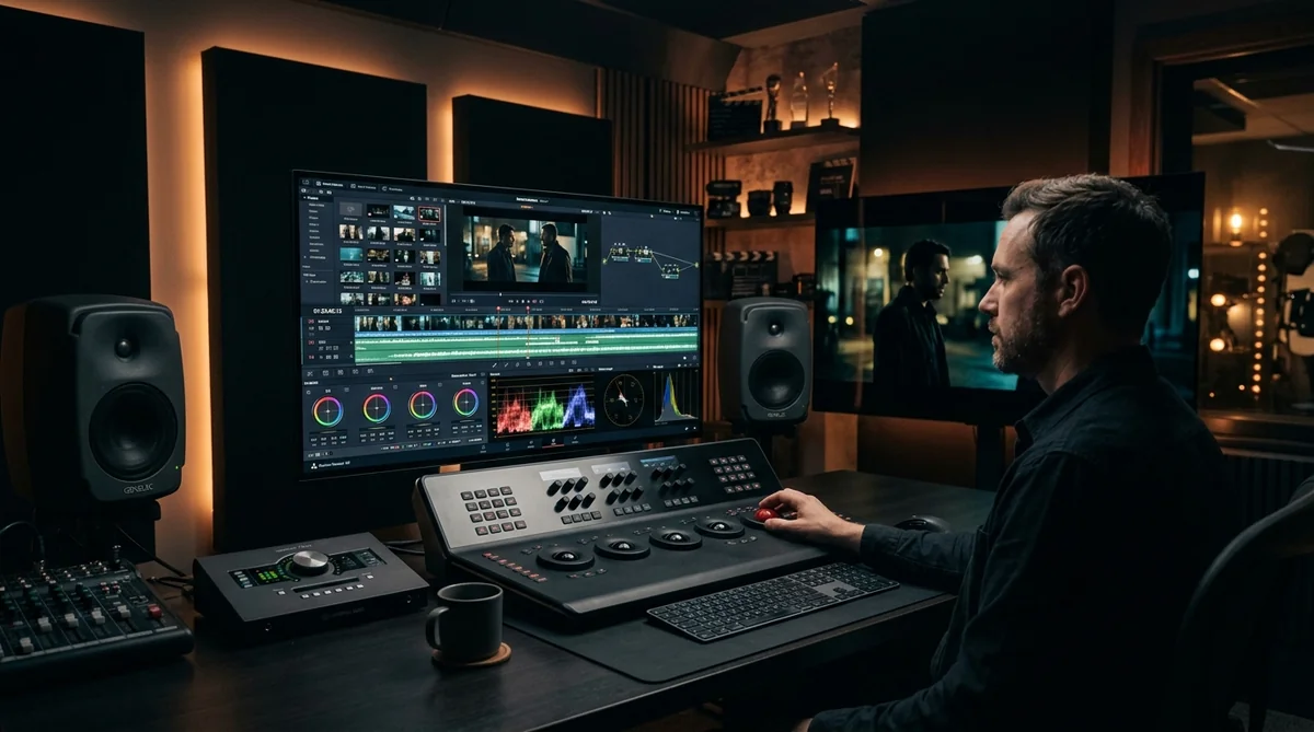 Post-production editing and color grading suite with multi-track timeline and studio reference monitors