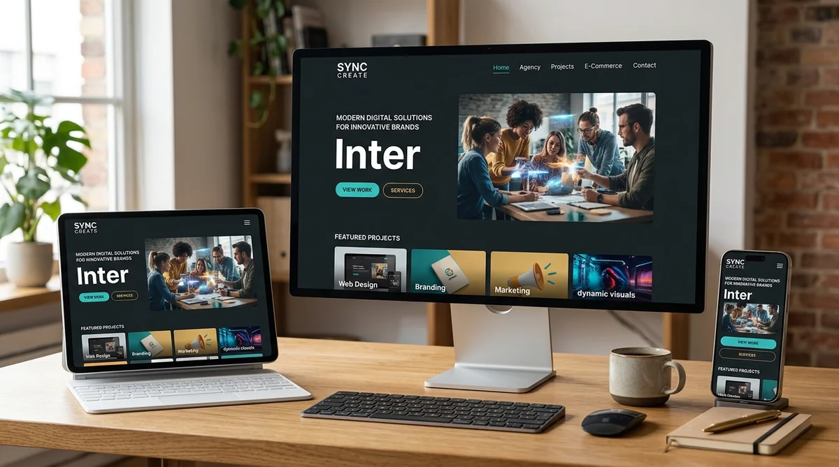 Responsive website design system displayed across desktop, tablet, and mobile viewports