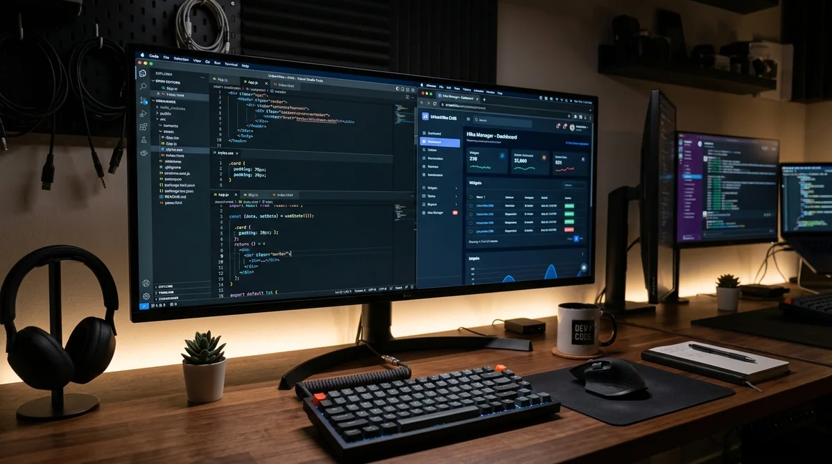 Modern web development workspace with code editor, live browser preview, and CMS interface